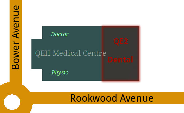 Map showing QE2 Dental parking, entrance, and wheelchair access