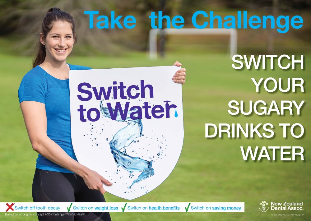Take the challenge. Switch to Water - SWITCH YOUR SUGARY DRINKS TO WATER : switch off tooth decay, switch on weight loss, switch on health benefits, switch on saving money